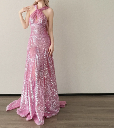 Sparkly Pink Sequin Halter Neck A Line Prom Dress With Train AD082