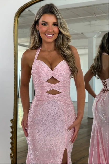 Sparkly Beaded Halter Neck Mermaid Prom Dress with Lace-Up Back AD084