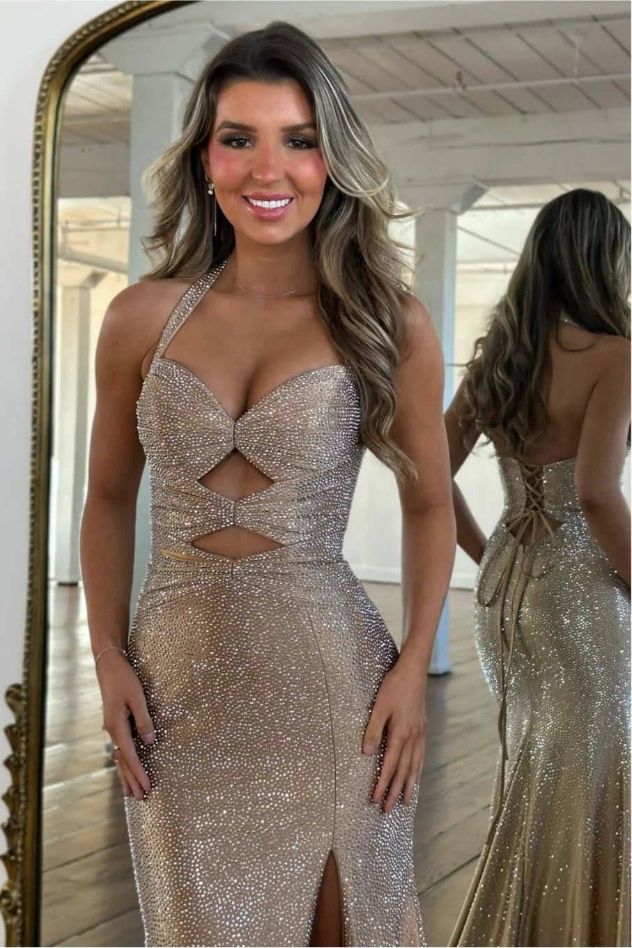 Sparkly Beaded Halter Neck Mermaid Prom Dress with Lace-Up Back AD084