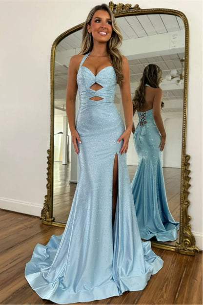 Sparkly Beaded Halter Neck Mermaid Prom Dress with Lace-Up Back AD084