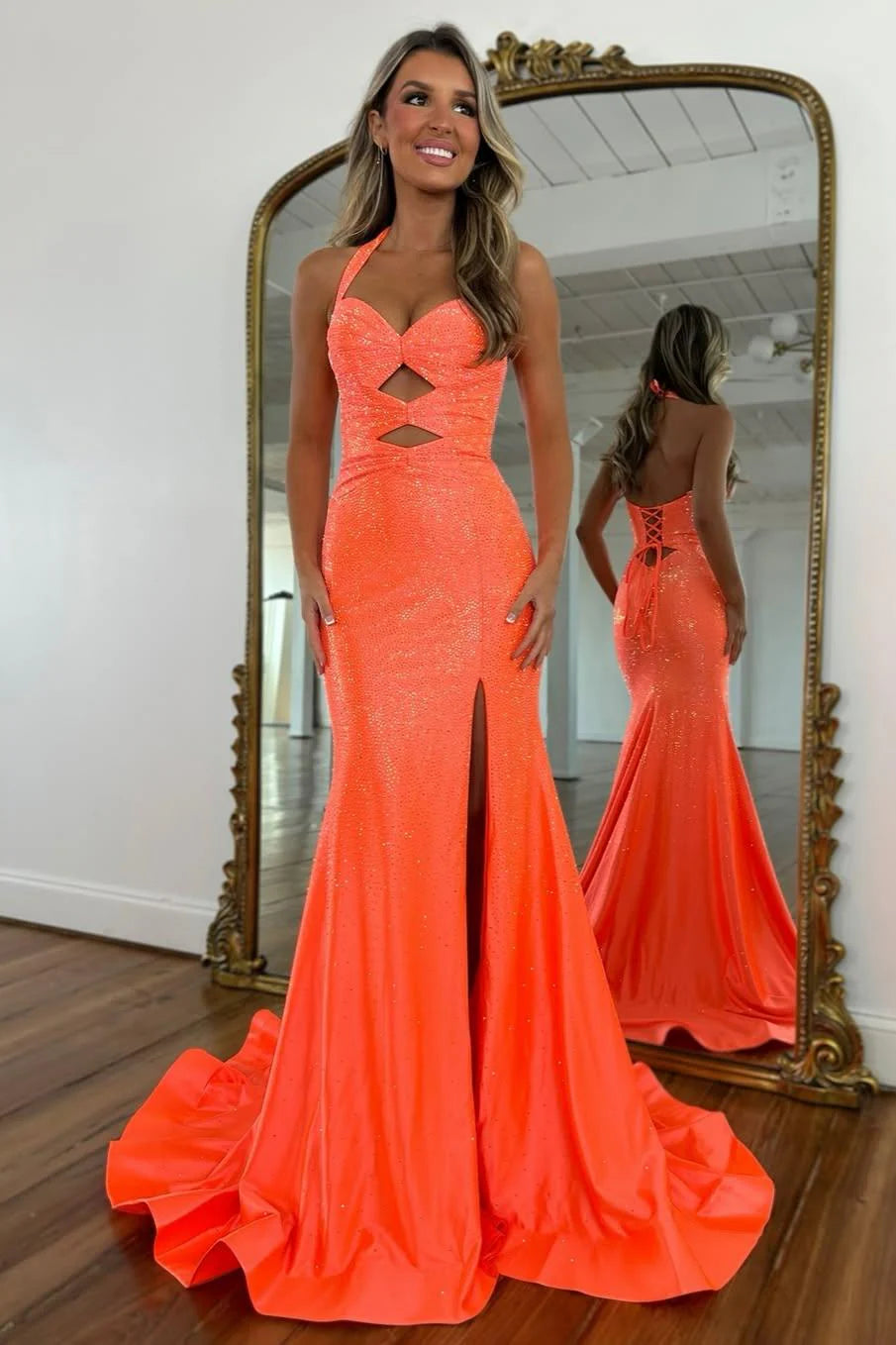 Sparkly Beaded Halter Neck Mermaid Prom Dress with Lace-Up Back AD084