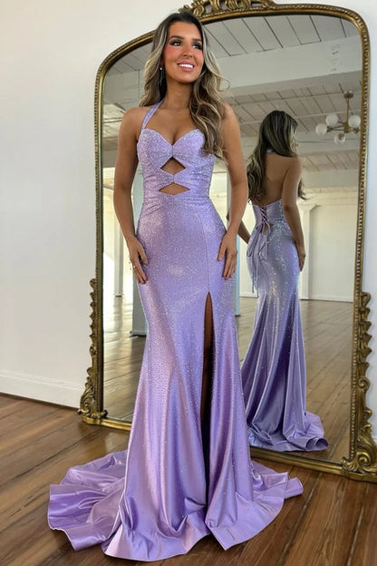Sparkly Beaded Halter Neck Mermaid Prom Dress with Lace-Up Back AD084