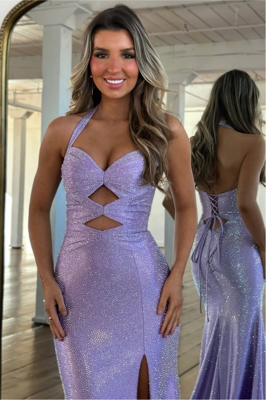 Sparkly Beaded Halter Neck Mermaid Prom Dress with Lace-Up Back AD084