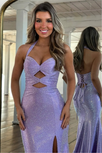 Sparkly Beaded Halter Neck Mermaid Prom Dress with Lace-Up Back AD084