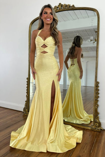 Sparkly Beaded Halter Neck Mermaid Prom Dress with Lace-Up Back AD084