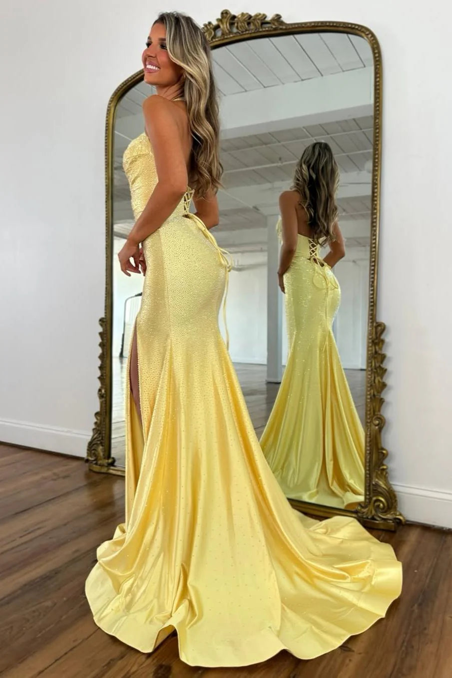 Sparkly Beaded Halter Neck Mermaid Prom Dress with Lace-Up Back AD084