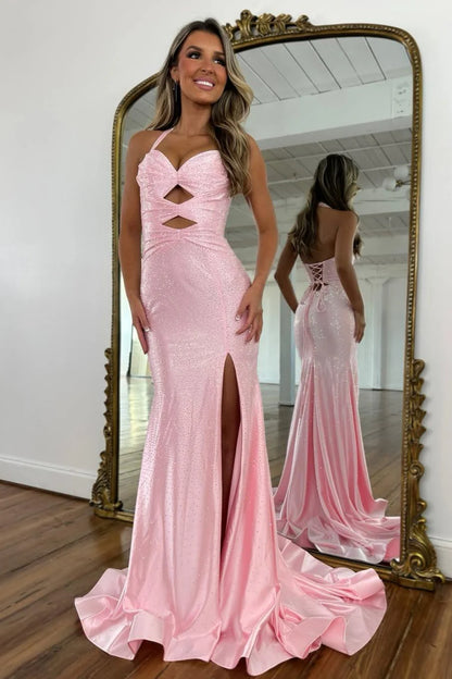 Sparkly Beaded Halter Neck Mermaid Prom Dress with Lace-Up Back AD084