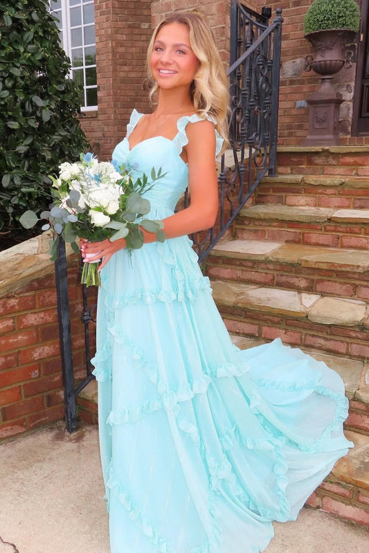 Charming A Line Sweetheart Blue Long Prom Dress with Ruffles AD084