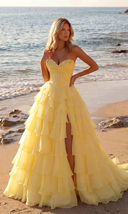 Stunning Strapless Sweetheart Corset Tiered Ruffle Prom Dress with Slit and Train AD085