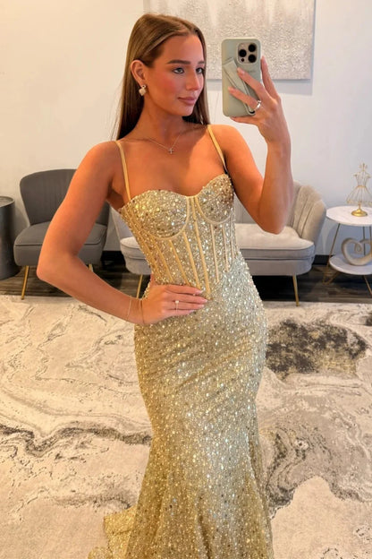 Gold Sparkly Mermaid Prom Dress with Spaghetti Straps and Corset Bodice AD086