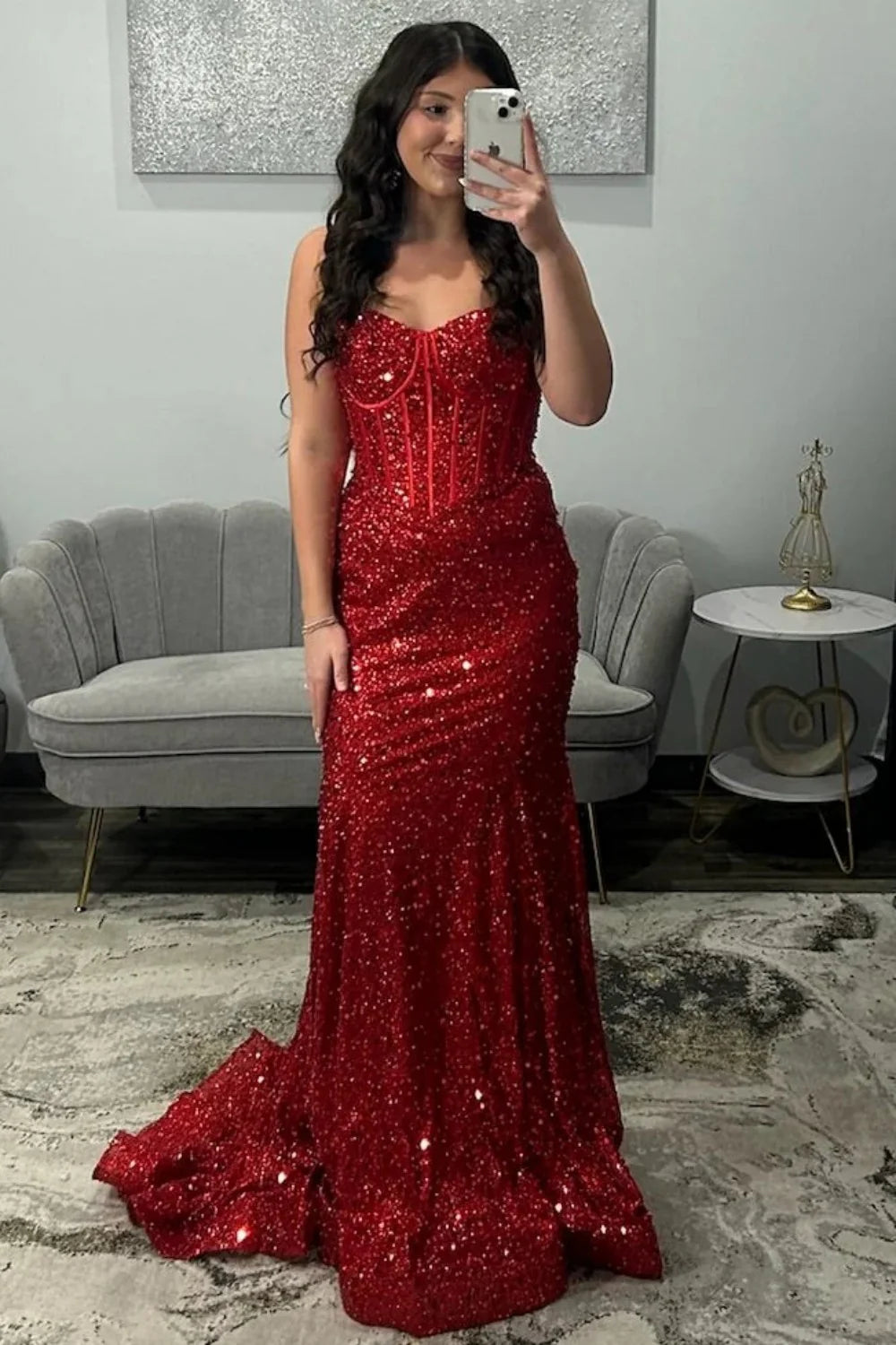 Gold Sparkly Mermaid Prom Dress with Spaghetti Straps and Corset Bodice AD086