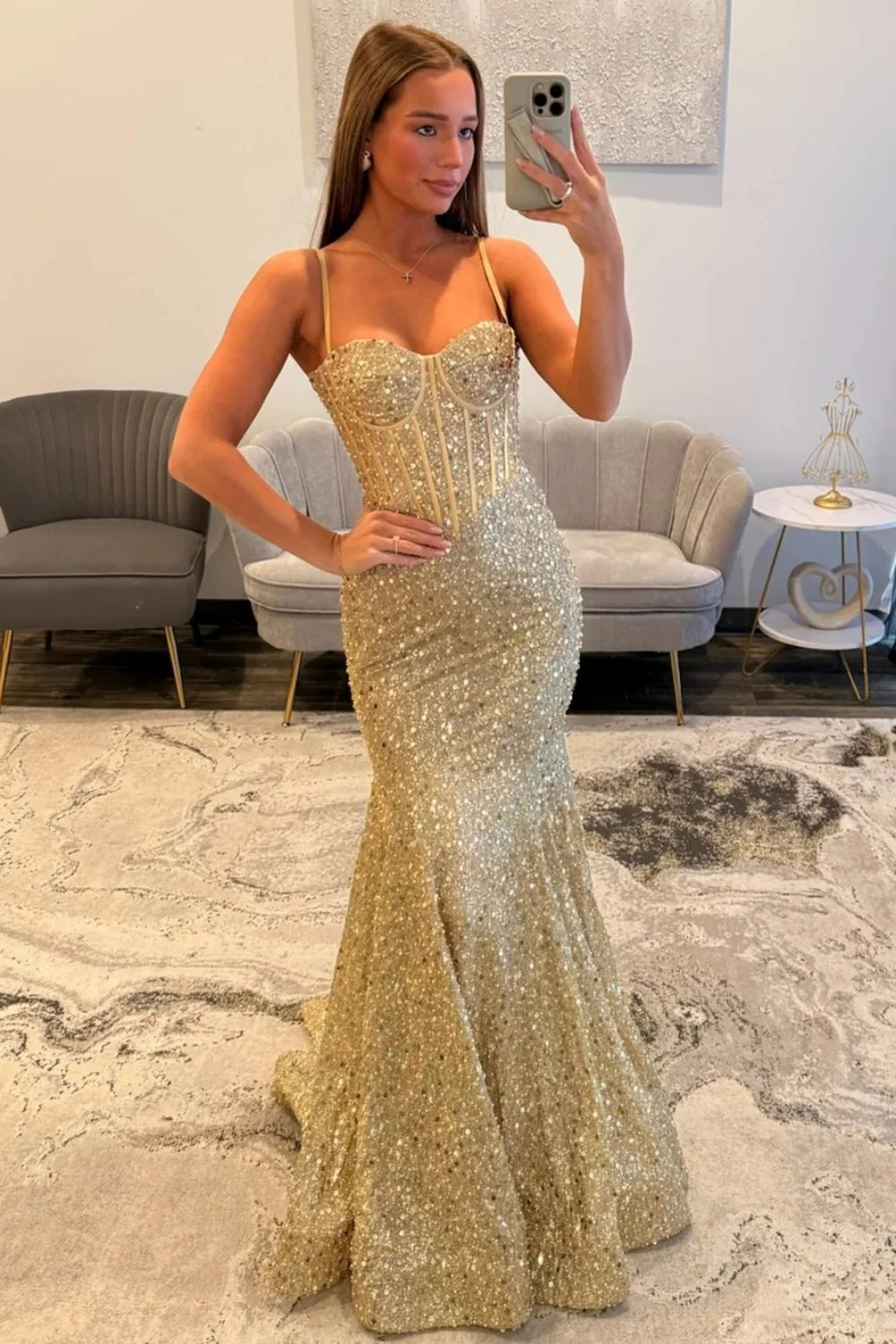 Gold Sparkly Mermaid Prom Dress with Spaghetti Straps and Corset Bodice AD086