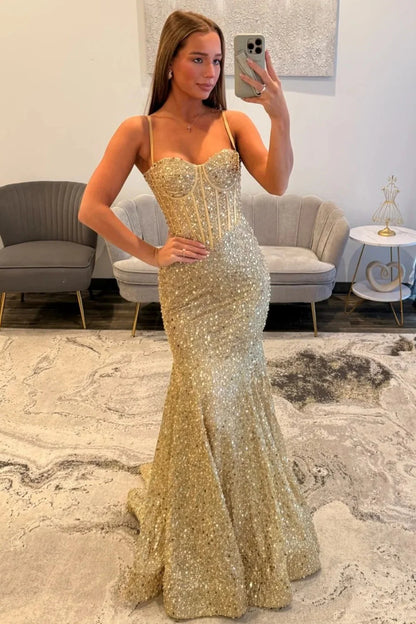 Gold Sparkly Mermaid Prom Dress with Spaghetti Straps and Corset Bodice AD086