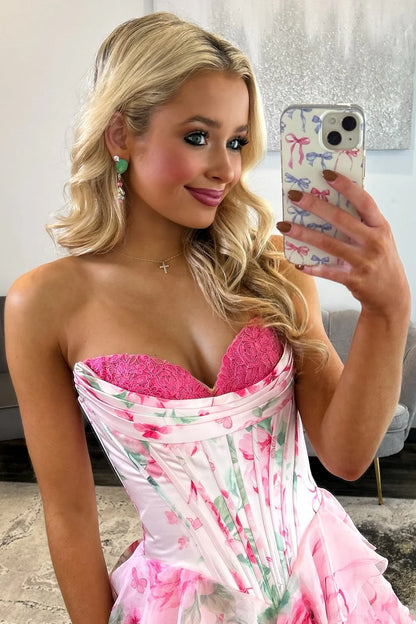 Princess A Line Sweetheart Pink Corset Prom Dress With Ruffles Appliques AD087