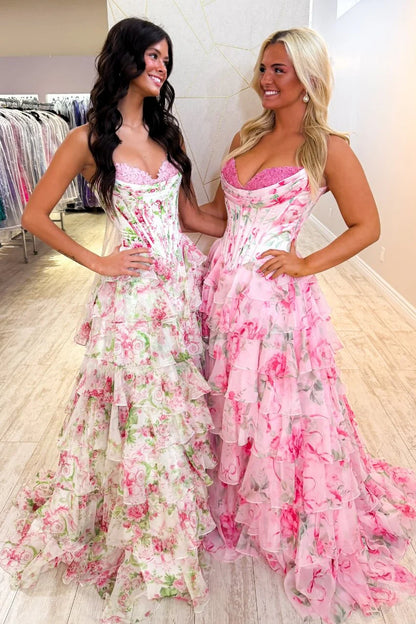 Princess A Line Sweetheart Pink Corset Prom Dress With Ruffles Appliques AD087