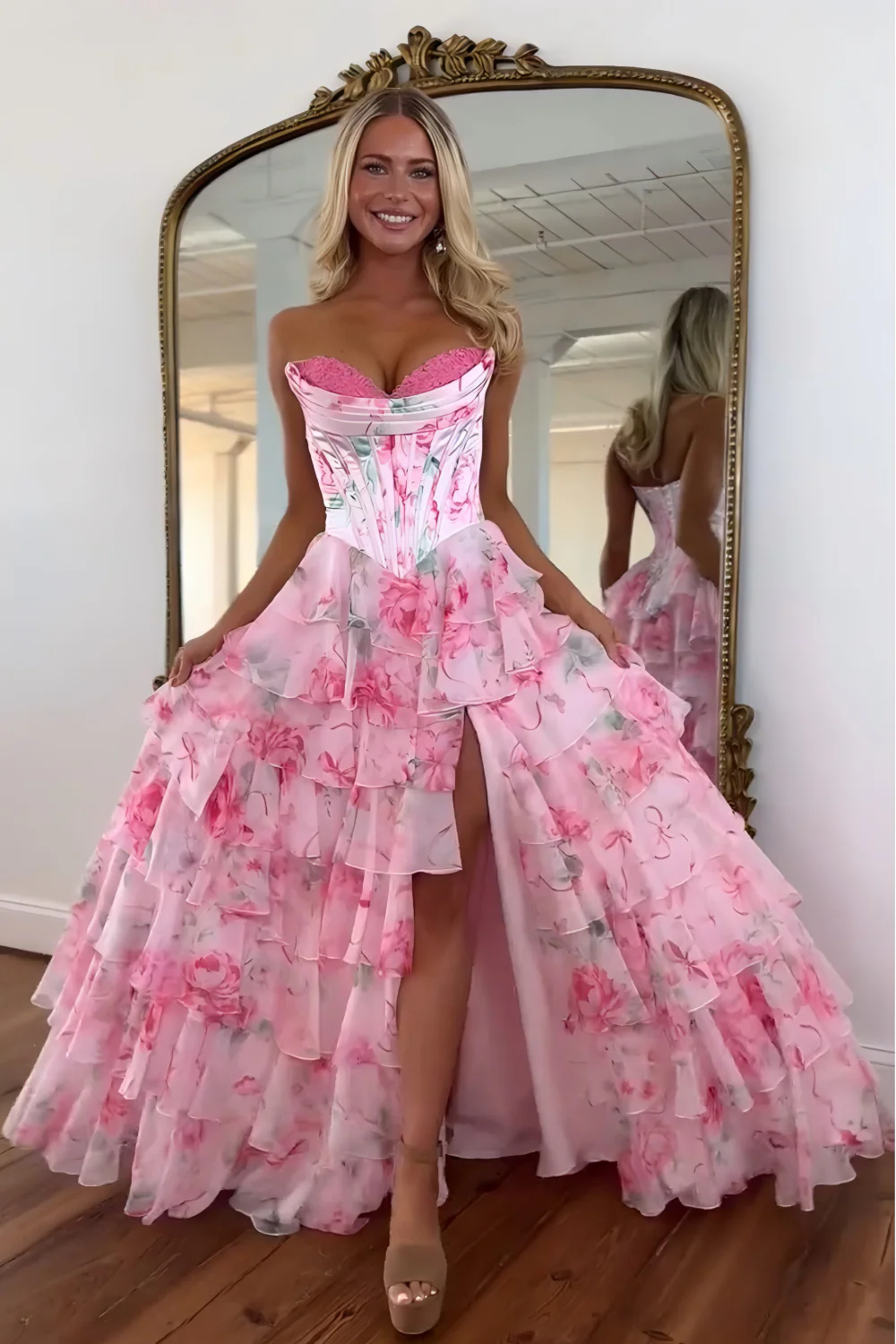 Princess A Line Sweetheart Pink Corset Prom Dress With Ruffles Appliques AD087