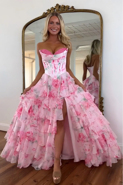 Princess A Line Sweetheart Pink Corset Prom Dress With Ruffles Appliques AD087