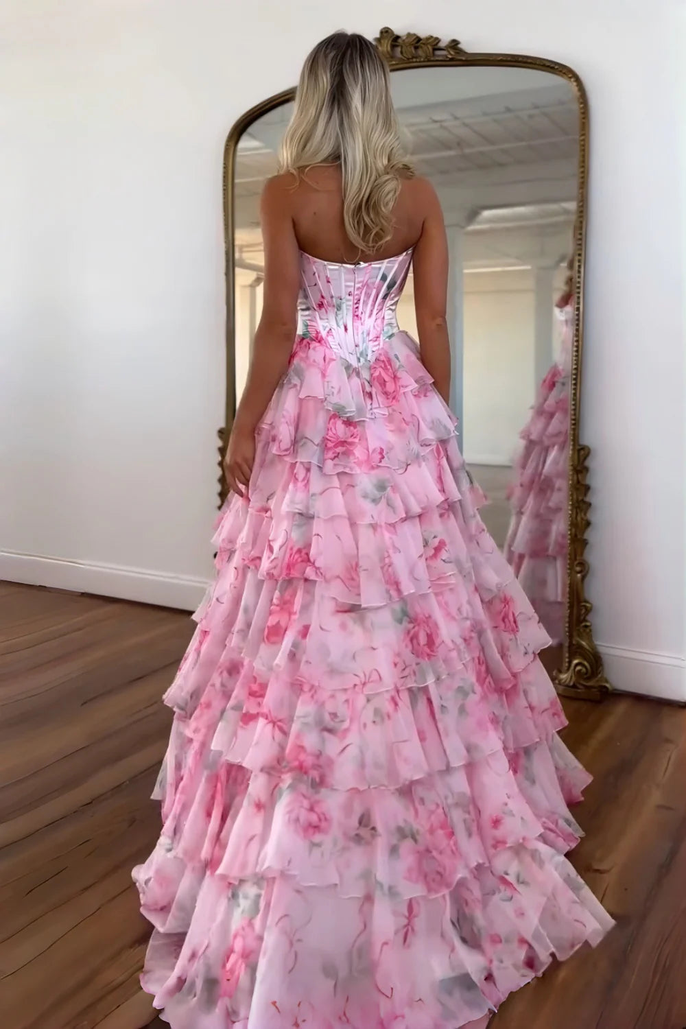 Princess A Line Sweetheart Pink Corset Prom Dress With Ruffles Appliques AD087
