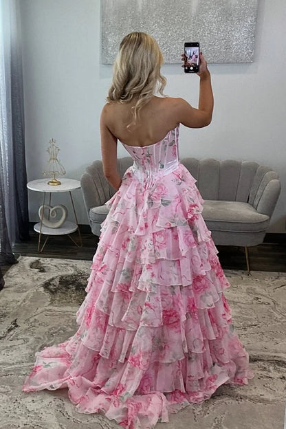 Princess A Line Sweetheart Pink Corset Prom Dress With Ruffles Appliques AD087