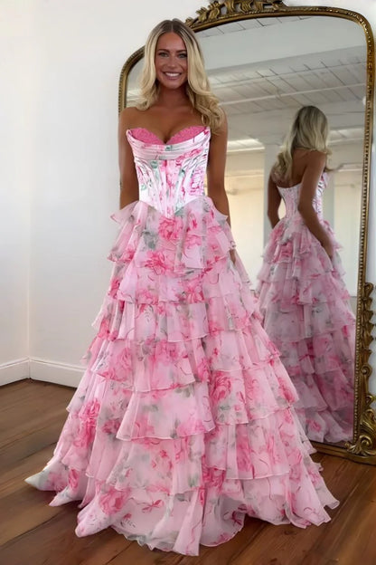 Princess A Line Sweetheart Pink Corset Prom Dress With Ruffles Appliques AD087