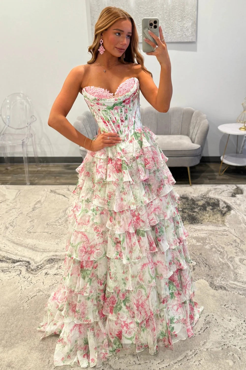Princess A Line Sweetheart Pink Corset Prom Dress With Ruffles Appliques AD087