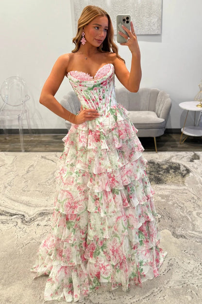 Princess A Line Sweetheart Pink Corset Prom Dress With Ruffles Appliques AD087