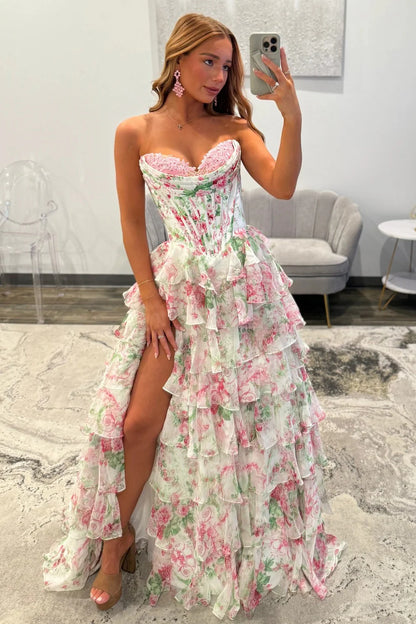 Princess A Line Sweetheart Pink Corset Prom Dress With Ruffles Appliques AD087
