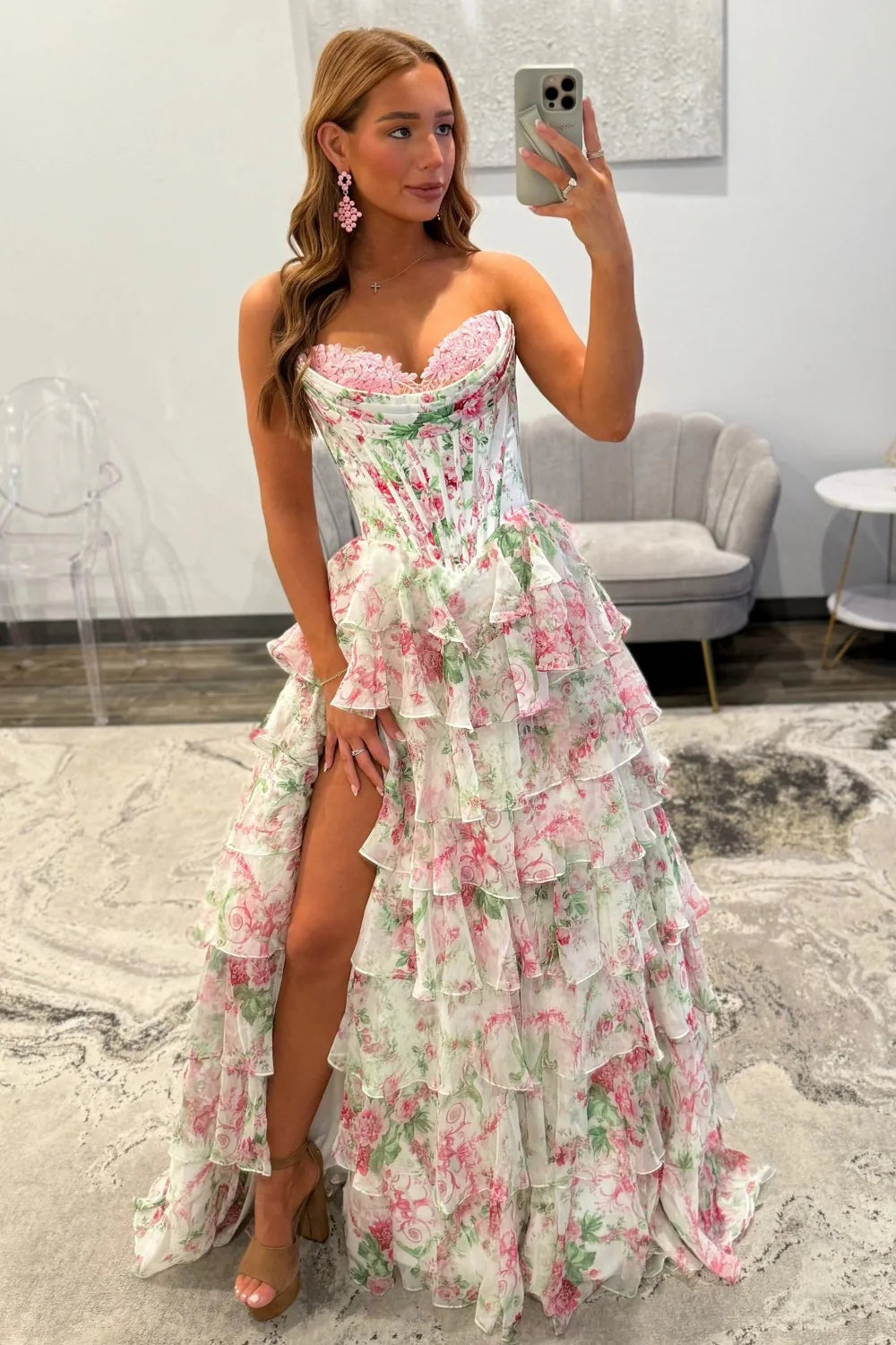 Princess A Line Sweetheart Pink Corset Prom Dress With Ruffles Appliques AD087