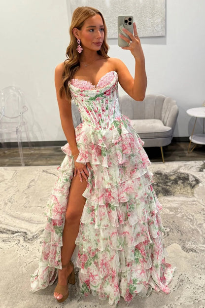 Princess A Line Sweetheart Pink Corset Prom Dress With Ruffles Appliques AD087