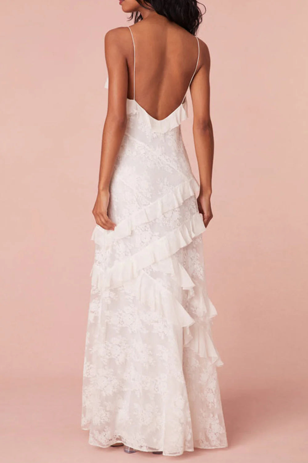 White Sheath Spaghetti Straps Backless Long Dress With Ruffles Graduation Dress AD088