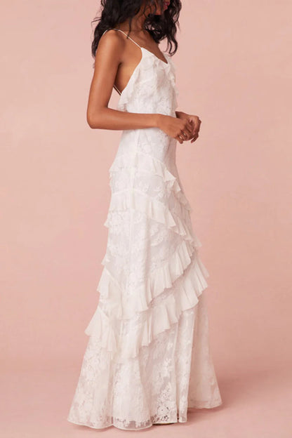 White Sheath Spaghetti Straps Backless Long Dress With Ruffles Graduation Dress AD088