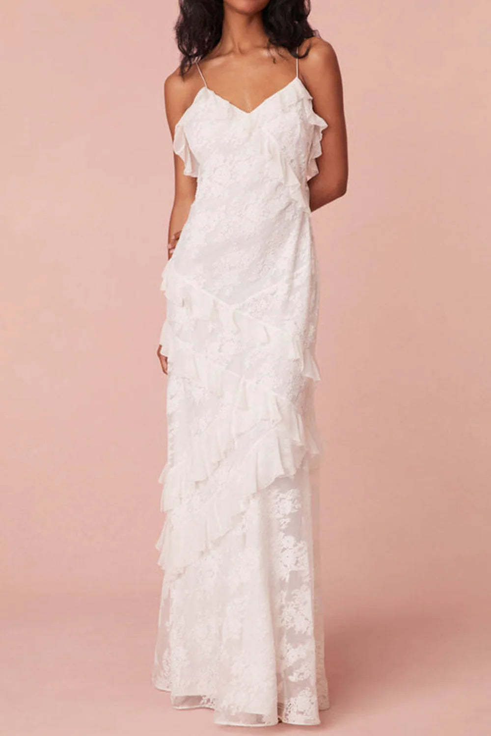 White Sheath Spaghetti Straps Backless Long Dress With Ruffles Graduation Dress AD088