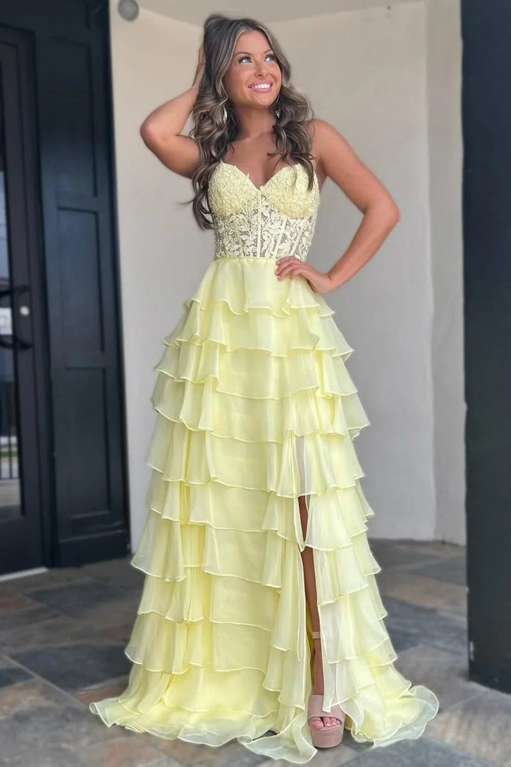 Cute Yellow Sweetheart Prom Dress With A Line Silhouette Tiered Chiffon And Slit AD089