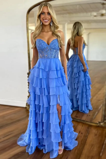 Cute Yellow Sweetheart Prom Dress With A Line Silhouette Tiered Chiffon And Slit AD089