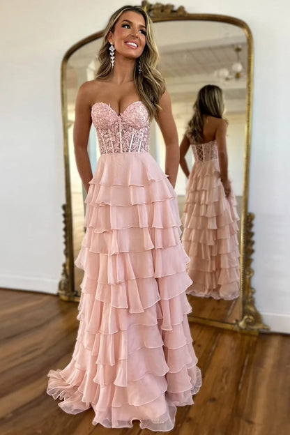 Cute Yellow Sweetheart Prom Dress With A Line Silhouette Tiered Chiffon And Slit AD089