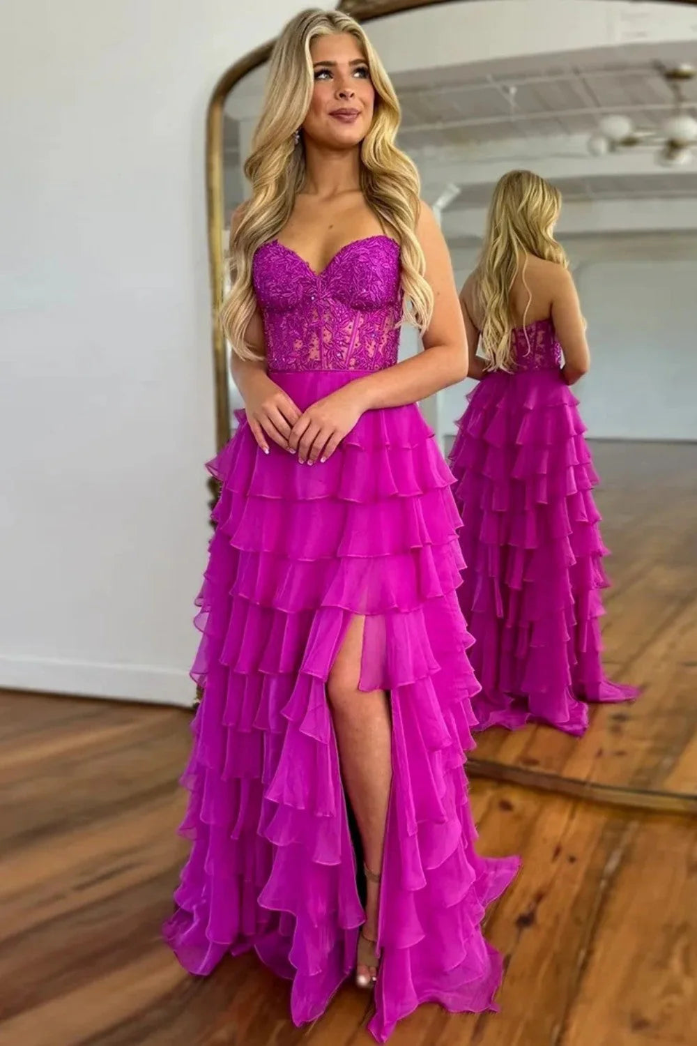 Cute Yellow Sweetheart Prom Dress With A Line Silhouette Tiered Chiffon And Slit AD089