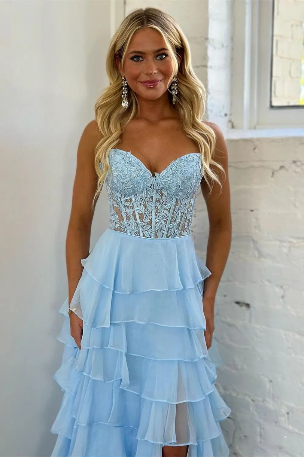 Cute Yellow Sweetheart Prom Dress With A Line Silhouette Tiered Chiffon And Slit AD089