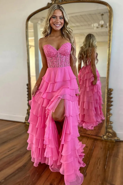 Cute Yellow Sweetheart Prom Dress With A Line Silhouette Tiered Chiffon And Slit AD089