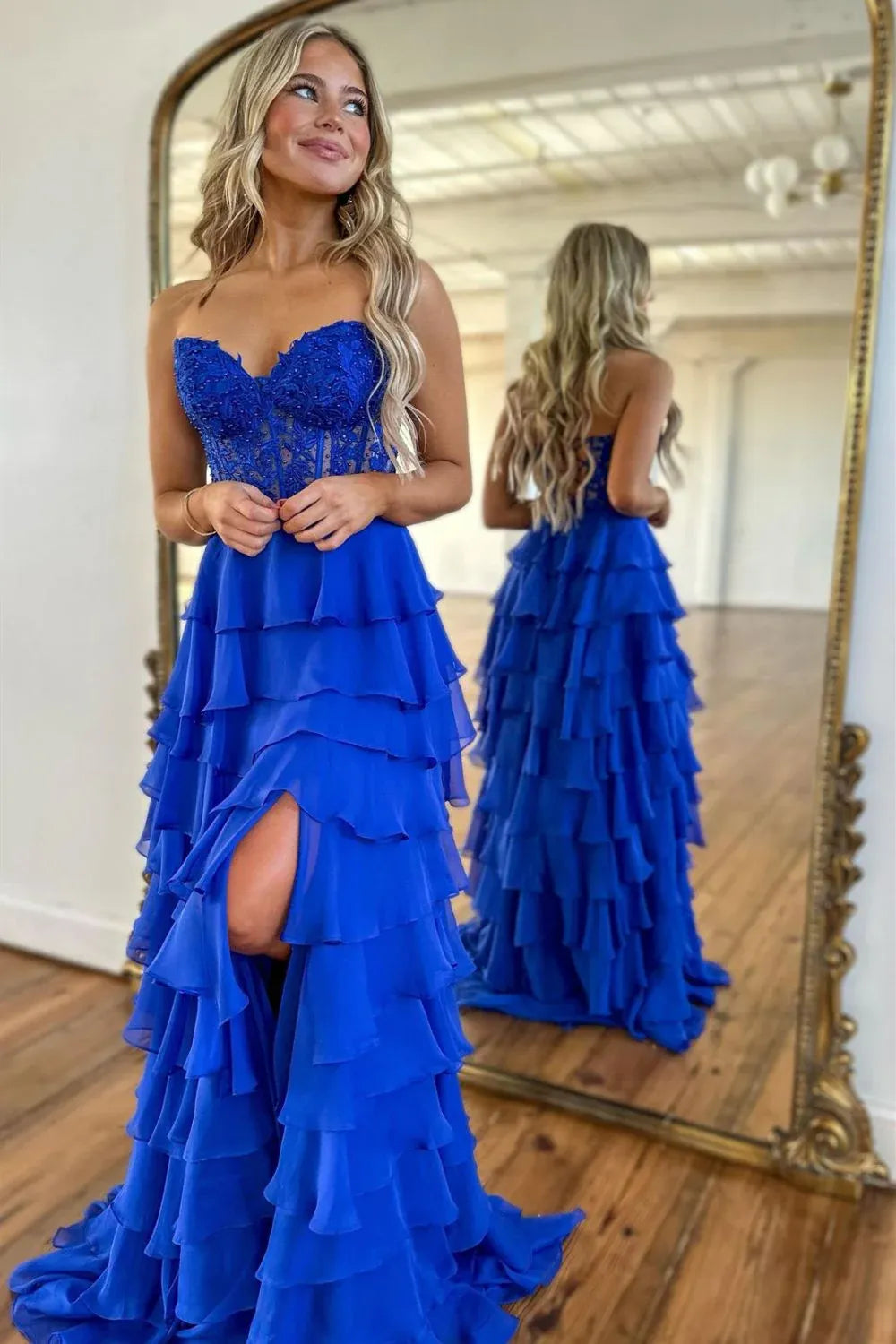 Cute Yellow Sweetheart Prom Dress With A Line Silhouette Tiered Chiffon And Slit AD089