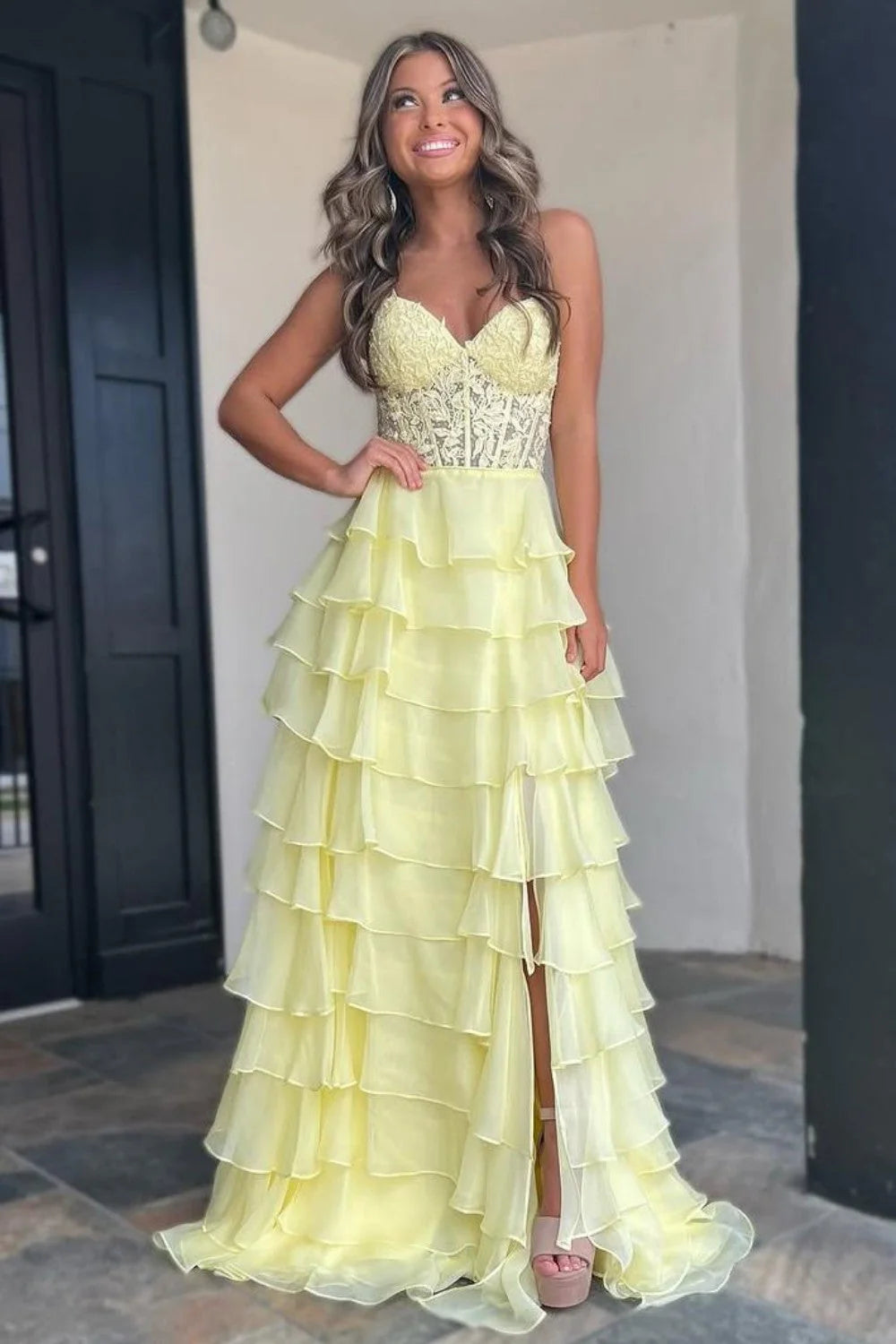 Cute Yellow Sweetheart Prom Dress With A Line Silhouette Tiered Chiffon And Slit AD089