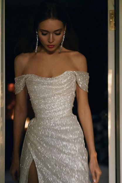 Luxurious Mermaid Off the Shoulder Silver Sequins Long Party Dress With Split Front AD090