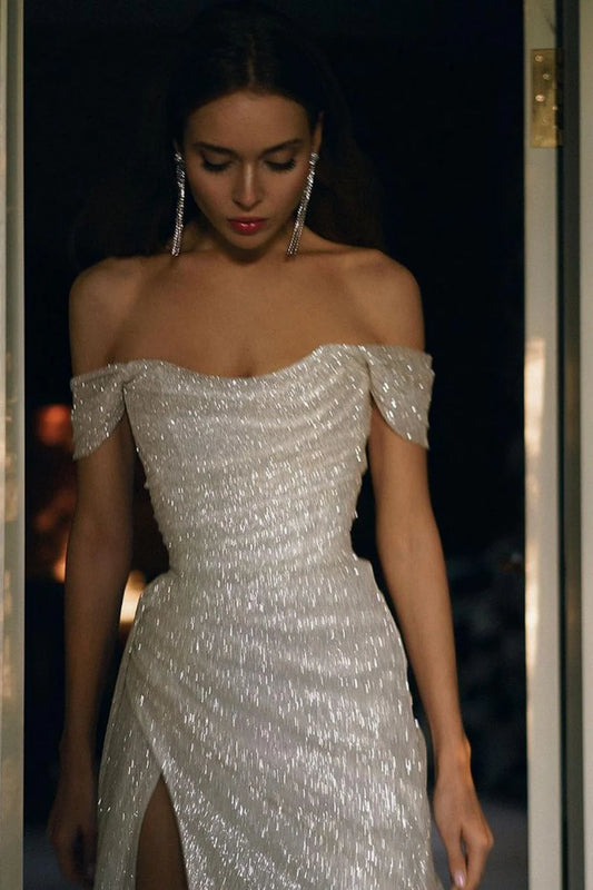 Luxurious Mermaid Off the Shoulder Silver Sequins Long Party Dress With Split Front AD090