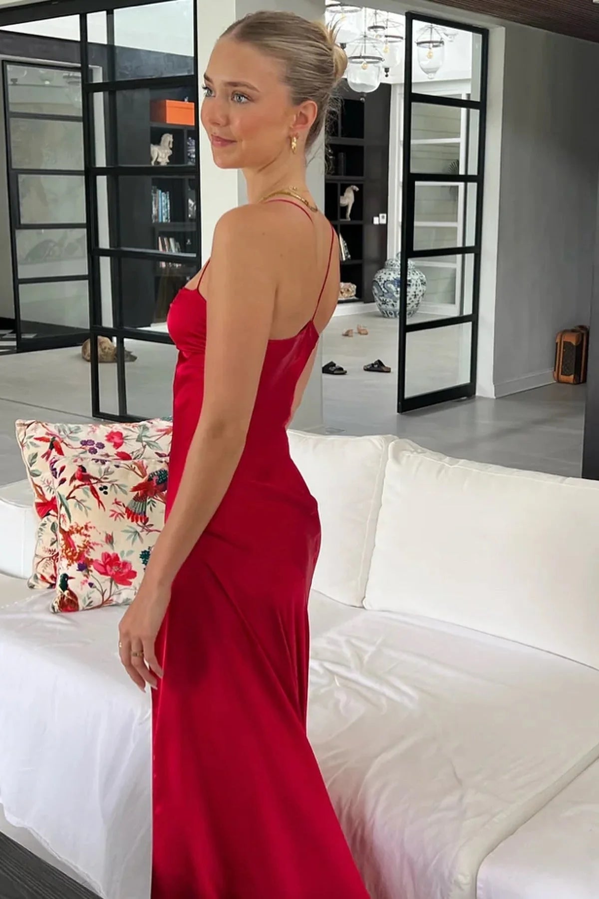 Trendy Sheath Spaghetti Straps Red Long Party Dress With Split Front AD091