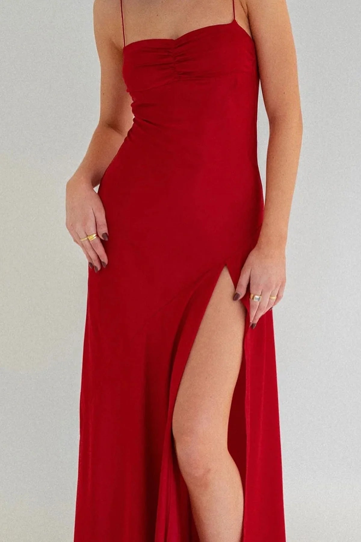 Trendy Sheath Spaghetti Straps Red Long Party Dress With Split Front AD091