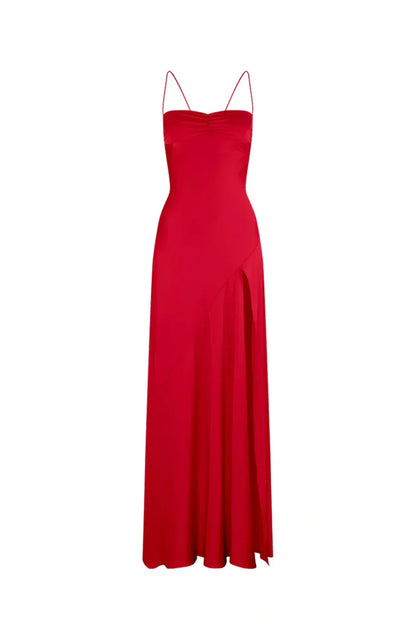 Trendy Sheath Spaghetti Straps Red Long Party Dress With Split Front AD091