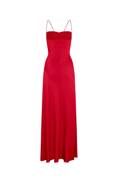 Trendy Sheath Spaghetti Straps Red Long Party Dress With Split Front AD091