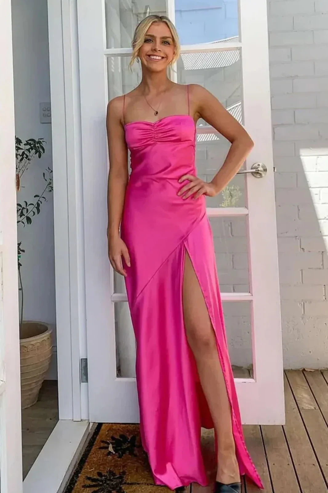 Trendy Sheath Spaghetti Straps Red Long Party Dress With Split Front AD091