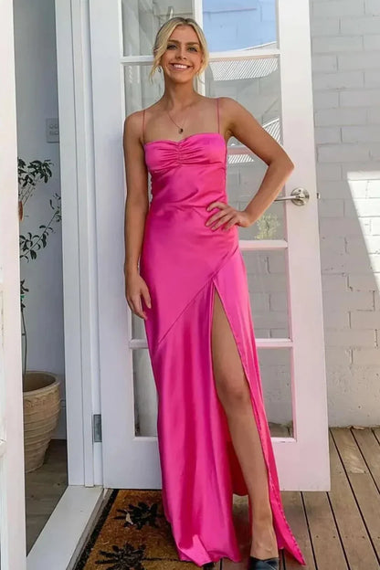 Trendy Sheath Spaghetti Straps Red Long Party Dress With Split Front AD091