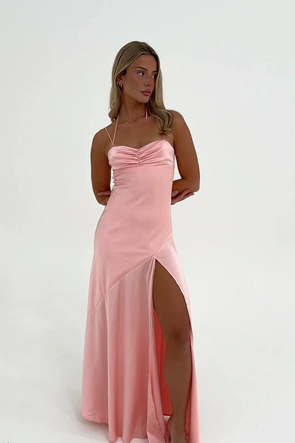 Trendy Sheath Spaghetti Straps Red Long Party Dress With Split Front AD091