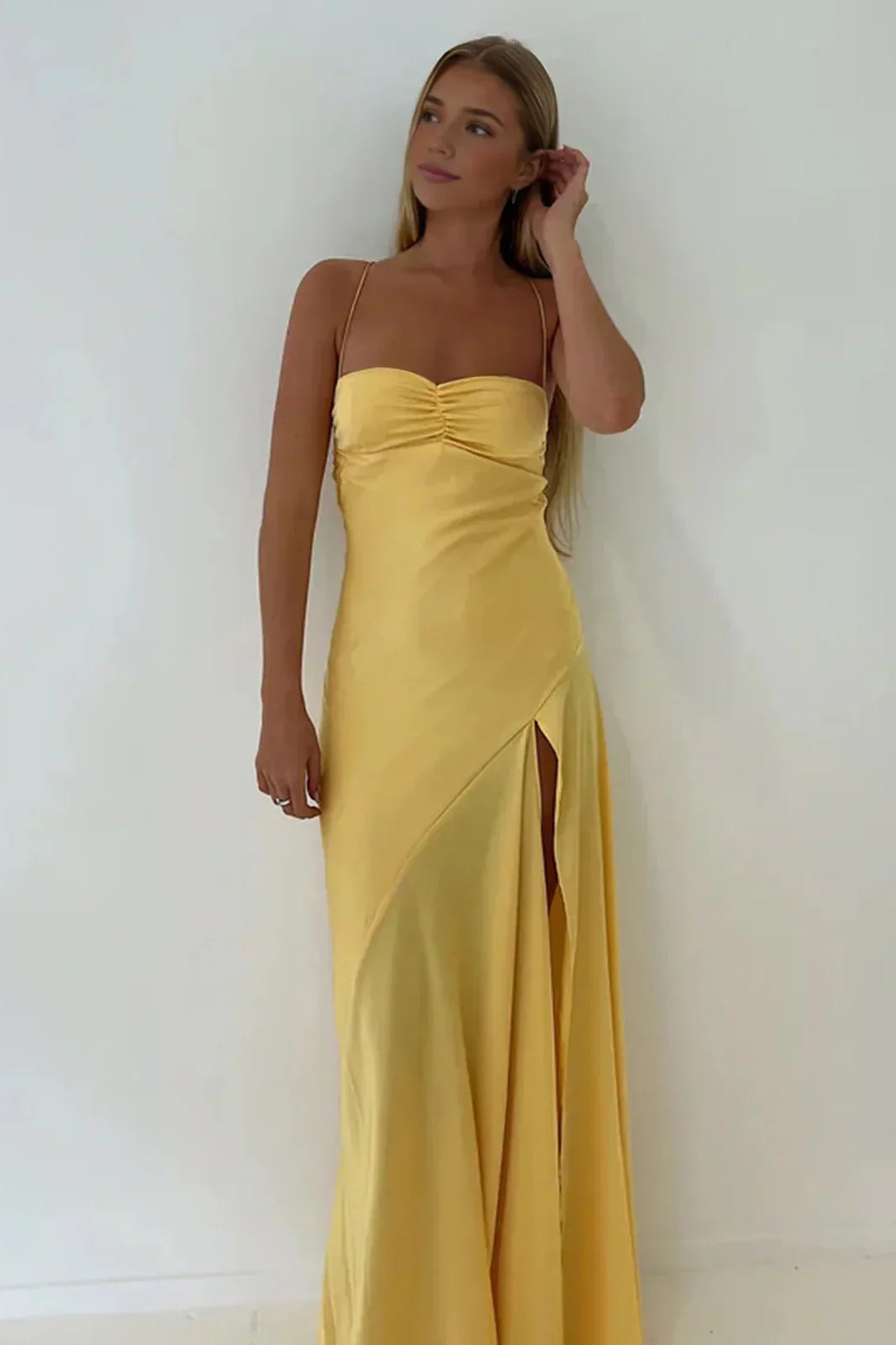 Trendy Sheath Spaghetti Straps Red Long Party Dress With Split Front AD091
